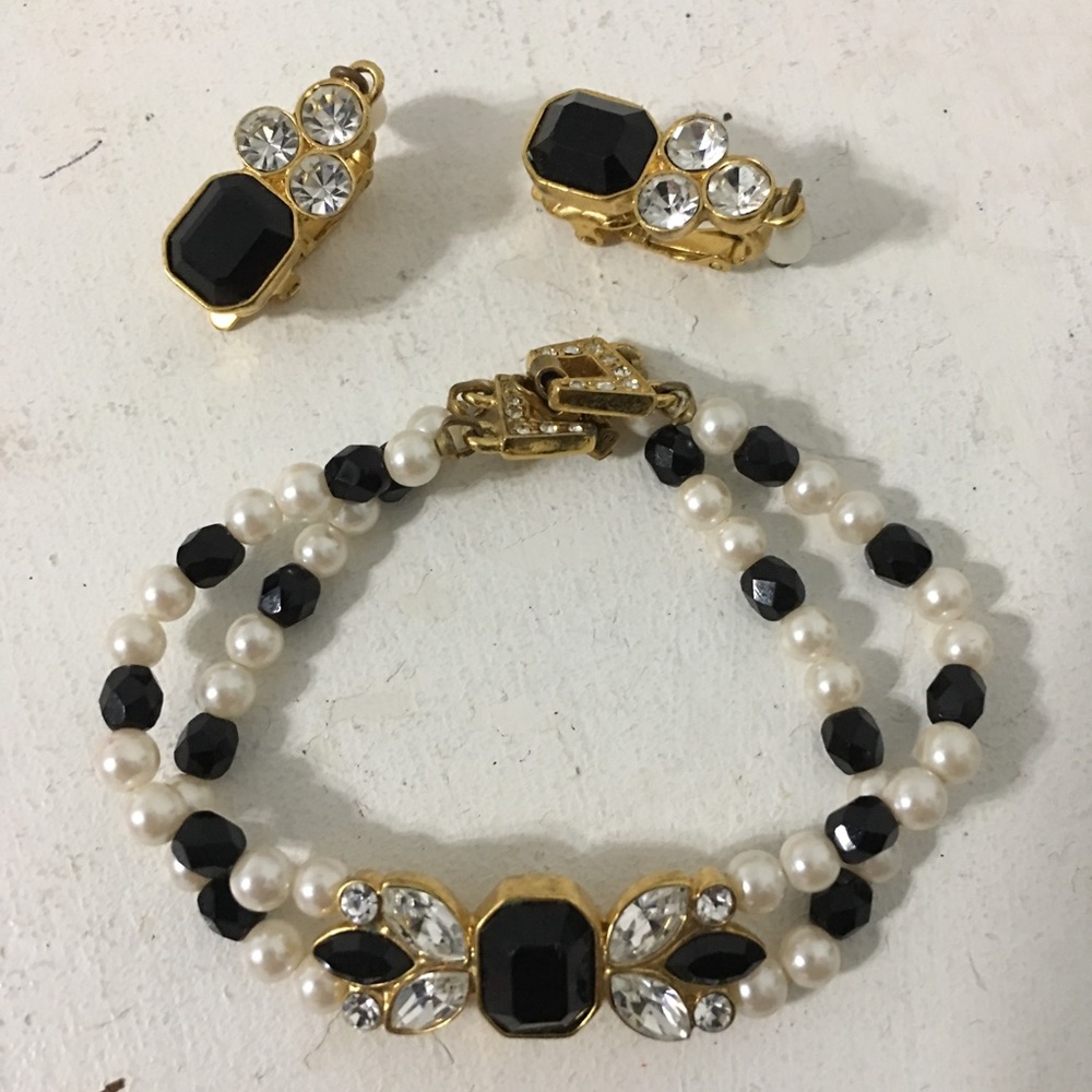 Vintage Jet Glass Crystal Faux Pearl Set